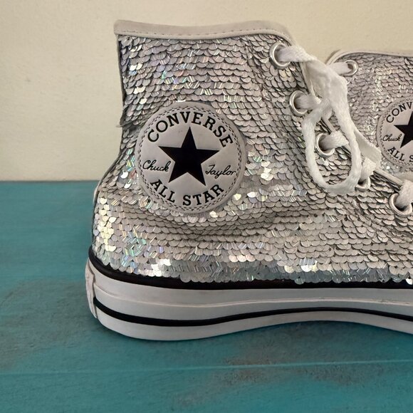 Converse Silver Sequin Chuck Taylor All Star High Top Sneakers Size 7 Womens - Picture 8 of 11